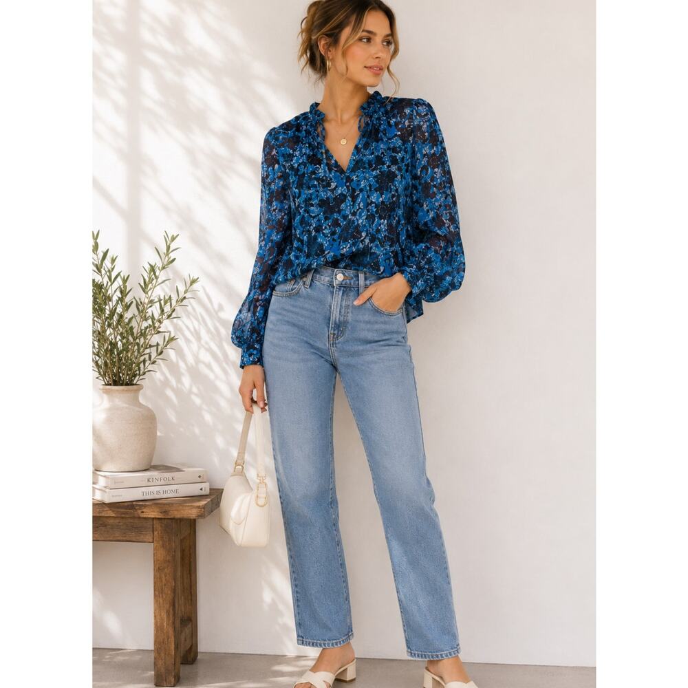Anthropologie Blue Floral Ruffled Blouse Womens XXSP Boho Spring Girly Romantic